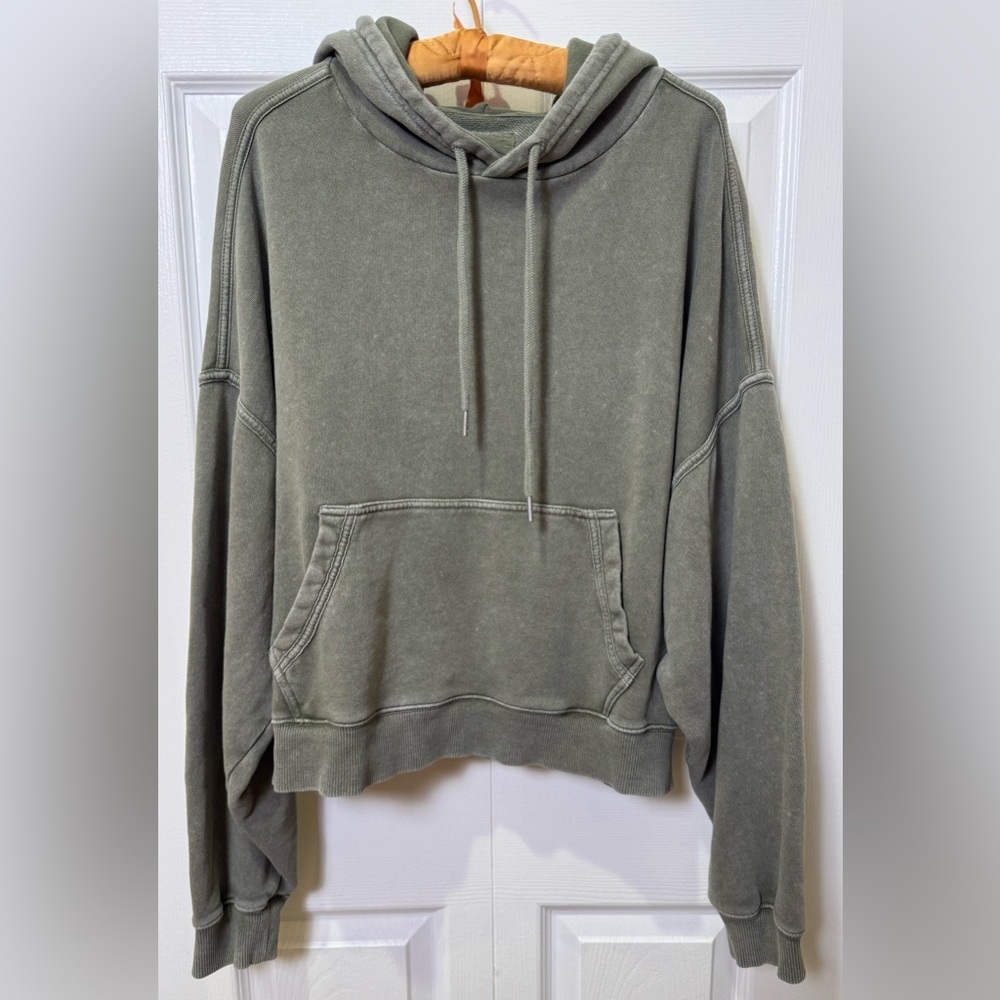 Aerie Hoodie Boxy Slouchy Oversized Cropped size Large olive Ribbed Cotton